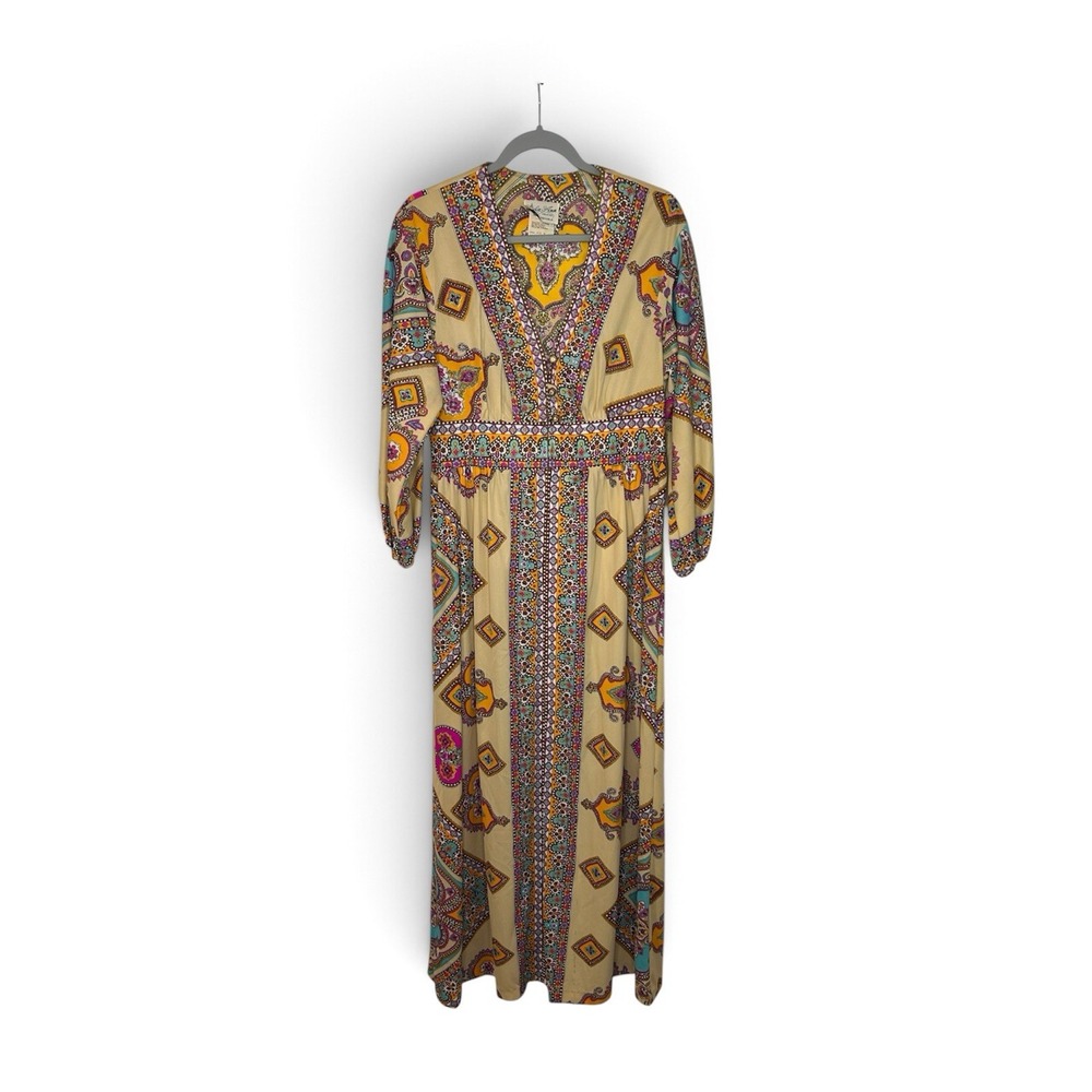 Vintage 60s 70s Dela-Ann Paisley Maxi Dress Size 14 Union Made USA